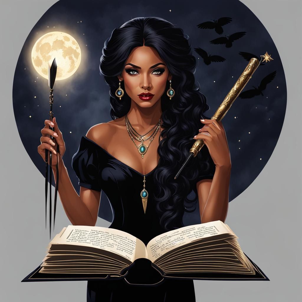 Black Magic Woman with Spell Book and Wand