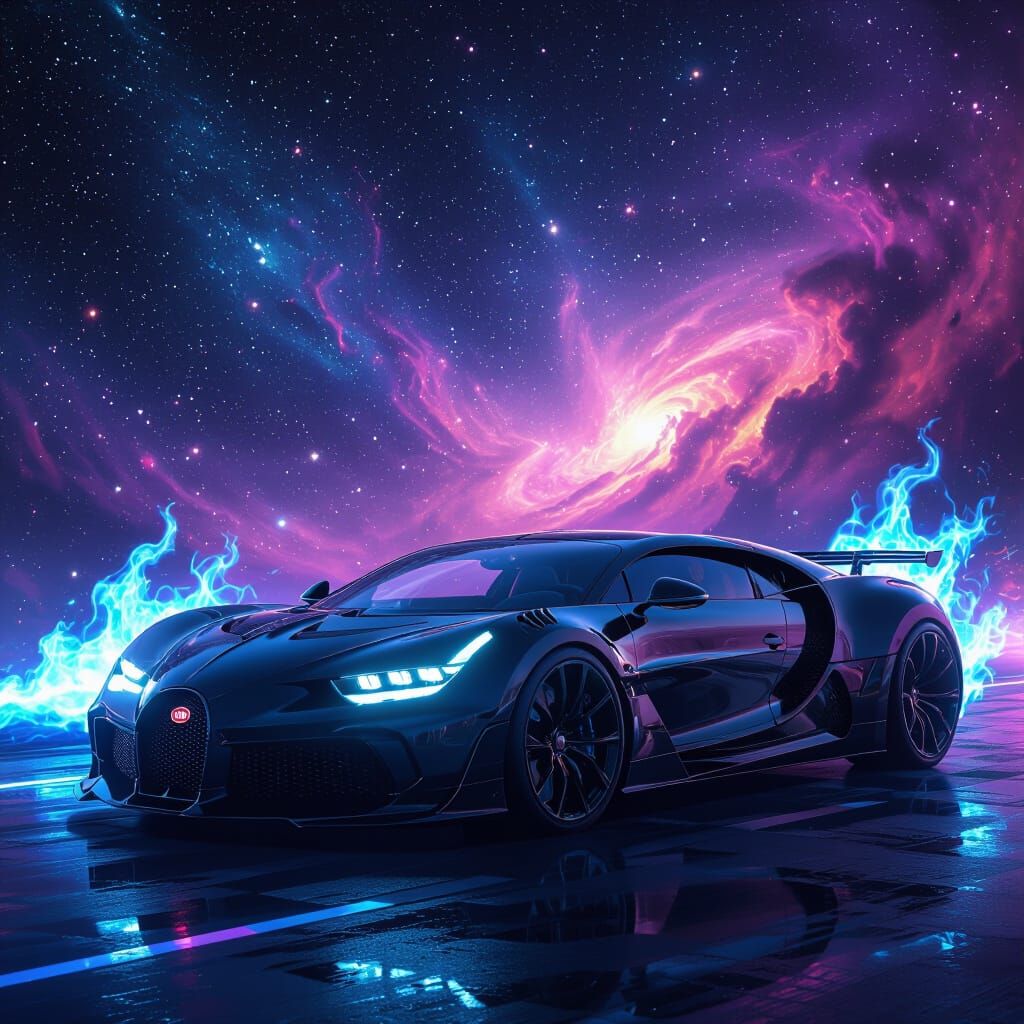 Futuristic Bugatti with Fiery Flames in Galaxy