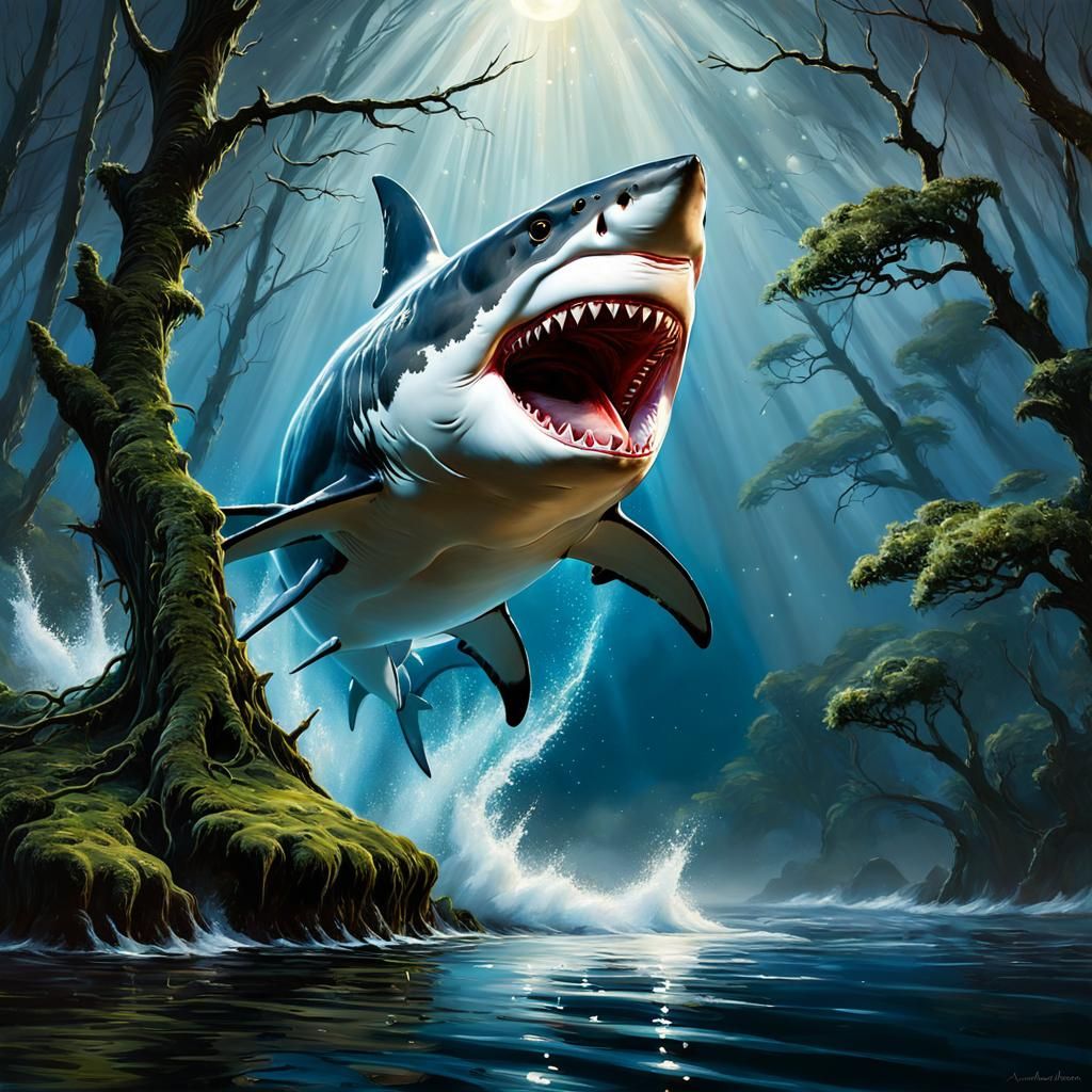 Great White Shark Breaching in Moonlight, Kolesov Style