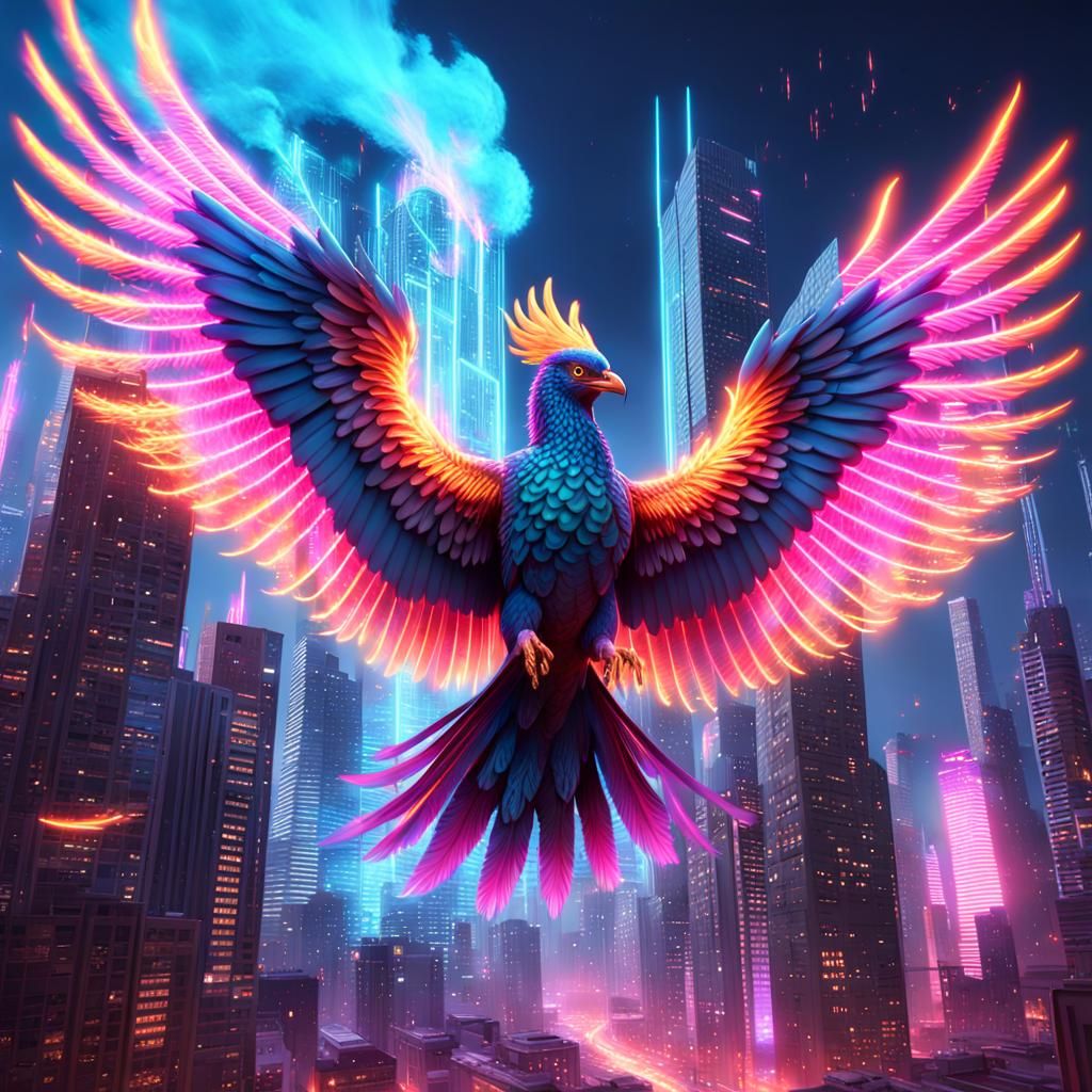 Neon Phoenix Over Cyberpunk Cityscape in 3D