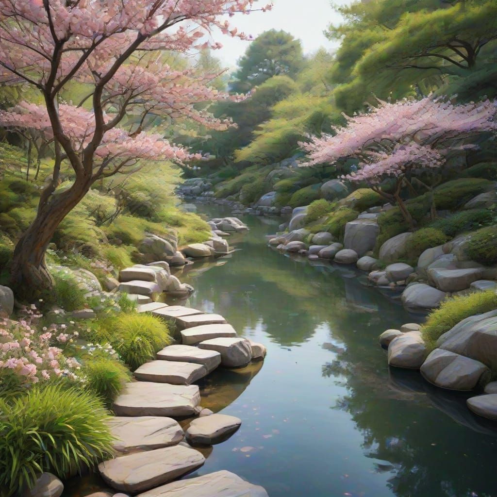Serenity in a Japanese Garden, Watercolor Concept Art