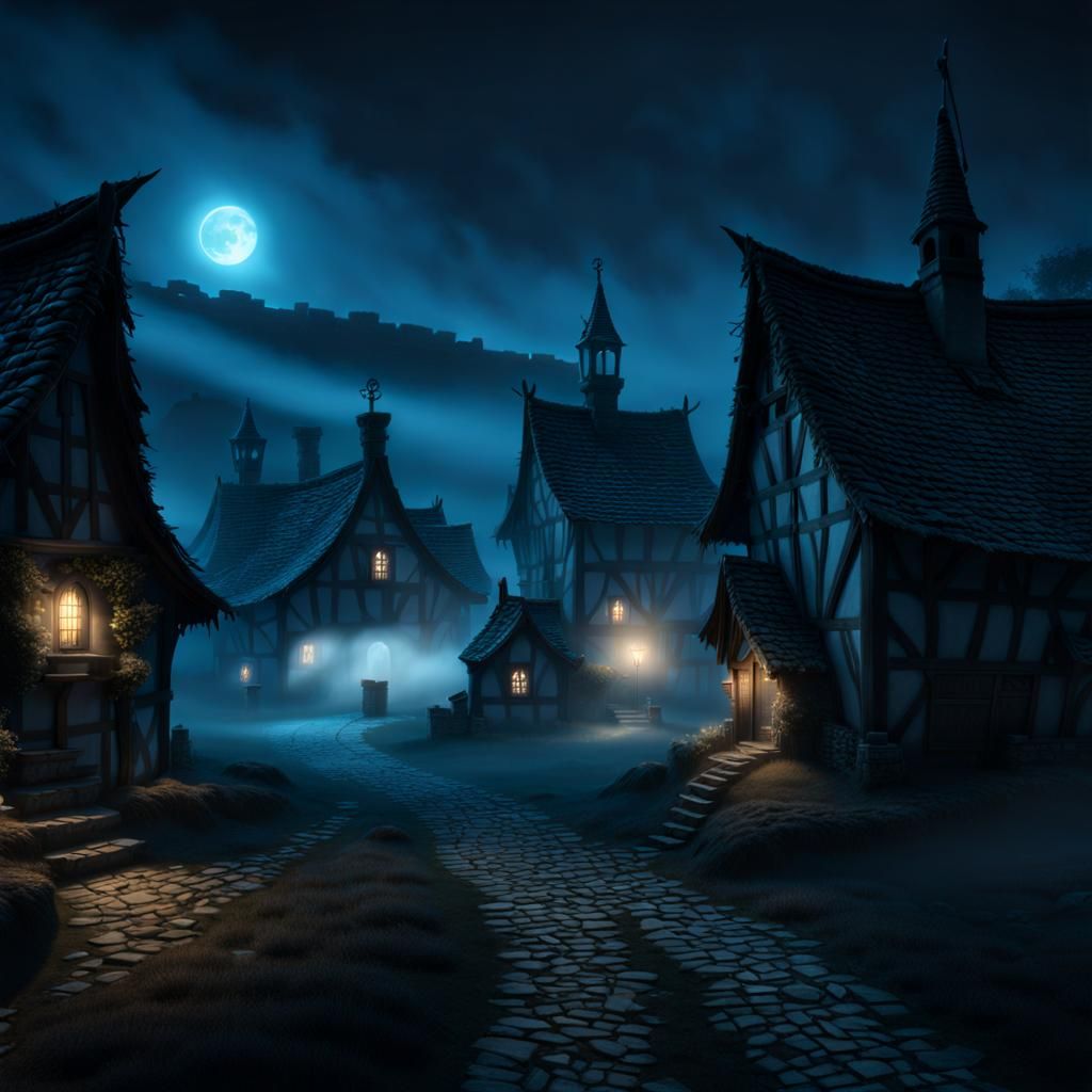 Ethereal Spectre Haunts Countryside Village in Moonlight