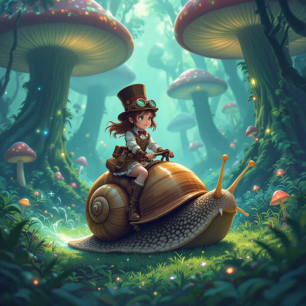 Girl Rides Giant Snail Through Bioluminescent Forest