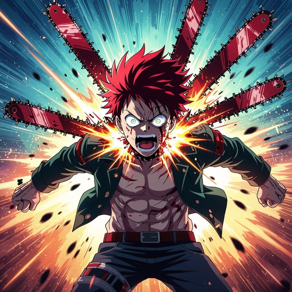 Chainsaw Man Mid-Transformation in Dynamic Anime Style