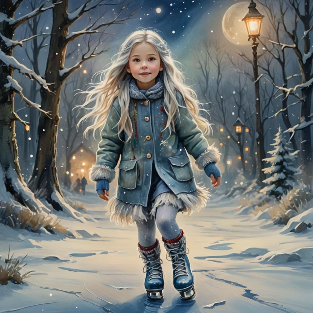 Whimsical Winter Scene with Girl Ice Skating