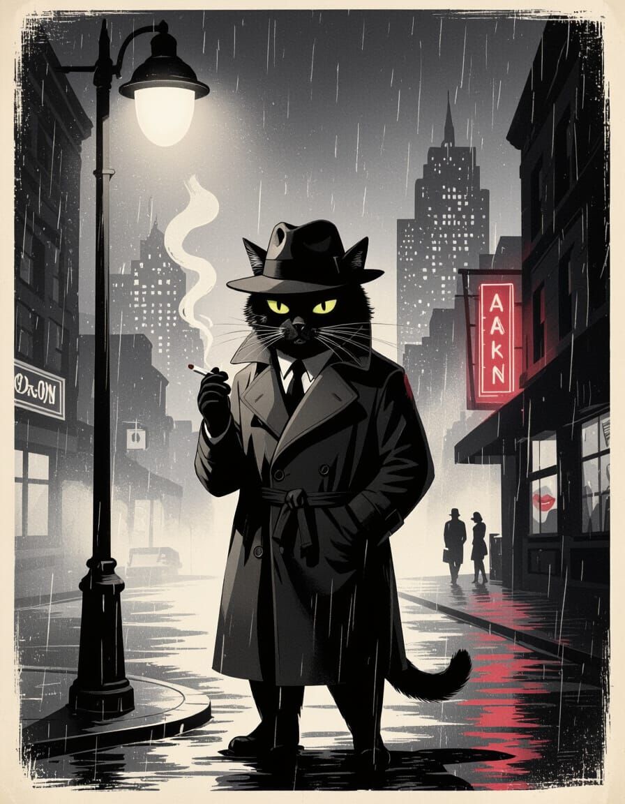 Noir Detective Cat Movie Poster in 1950s Style
