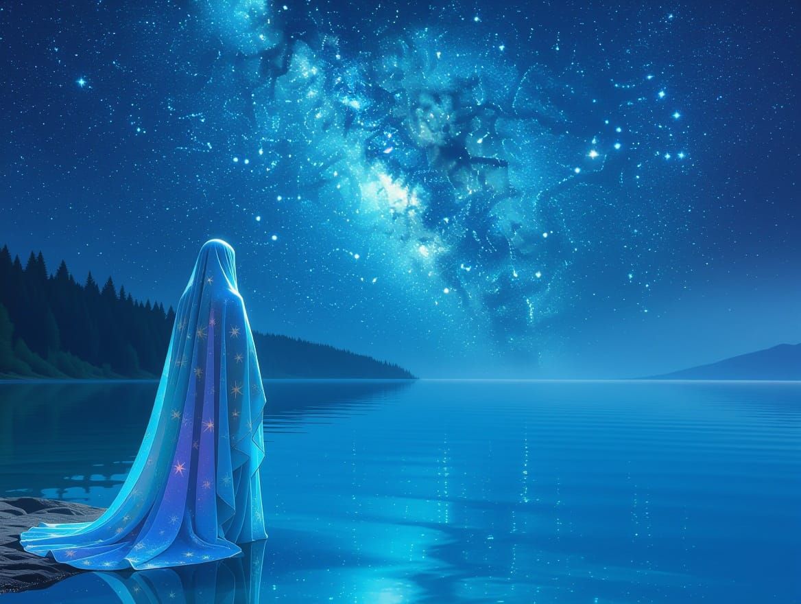Serene Figure Embracing the Cosmic Tapestry in Vibrant, Irid...