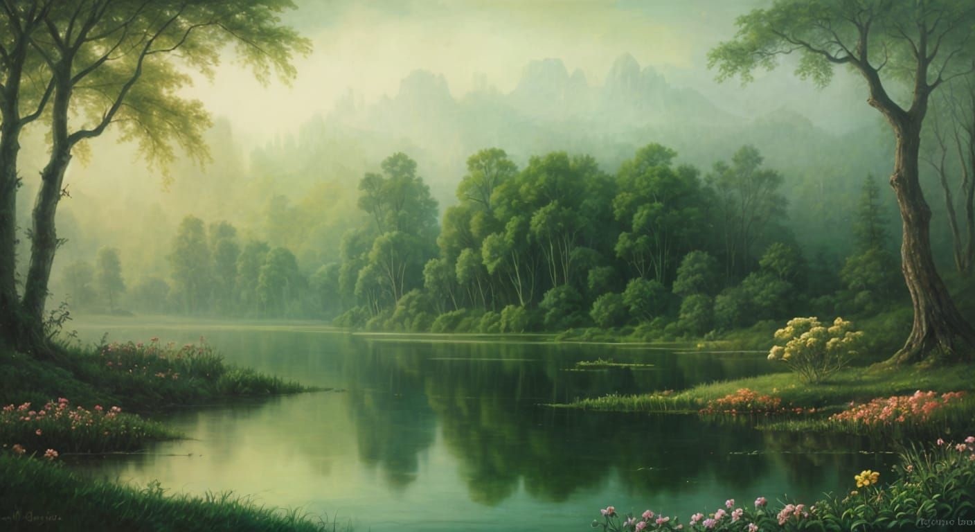 Misty Lake in Lush Forest with Glowing Flowers