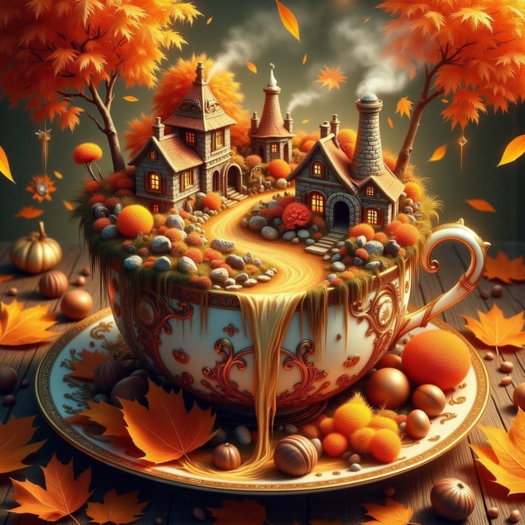 Miniature Village in Teacup Autumn Landscape Digital Paintin...