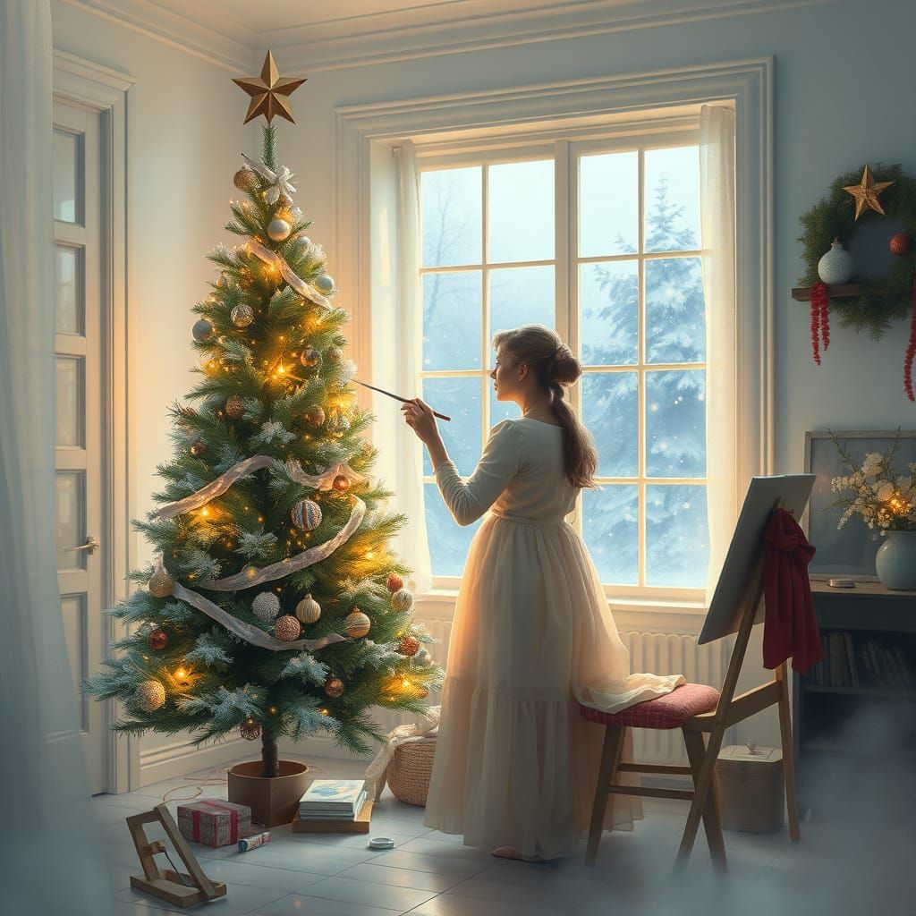 Woman Paints Christmas Tree in Luminous Room