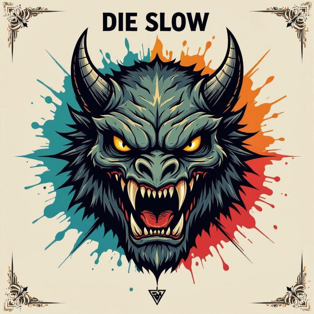 Die Slow Logo with Realistic Monster Head in Bauhaus Style