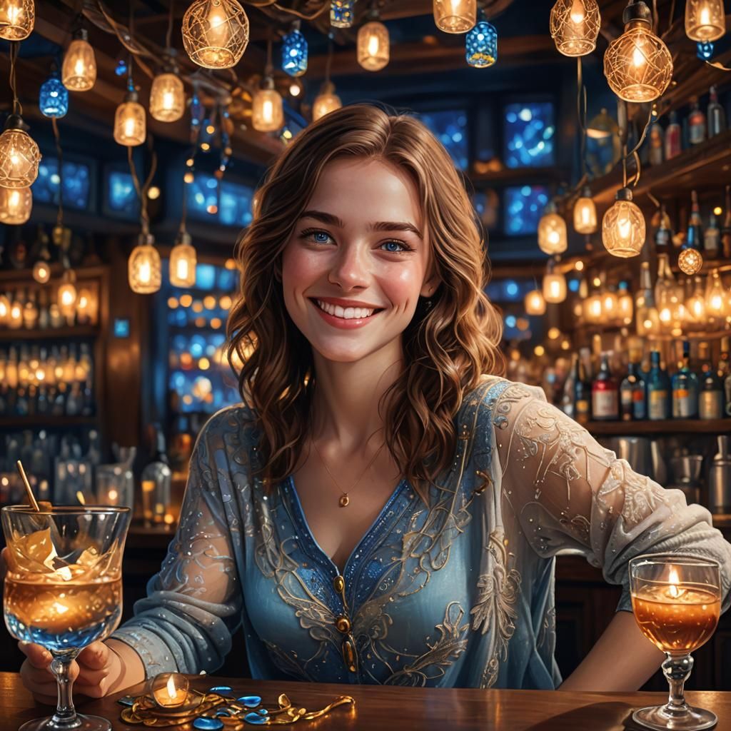 Woman with Cocktail in Cozy Bar, Fantasy Illustration