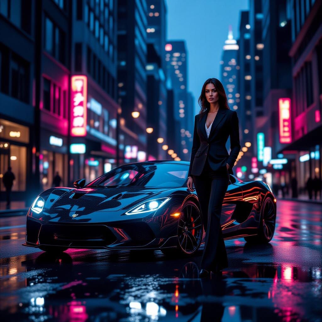 Businesswoman in Suit Beside Sports Car on Wet City Street a...