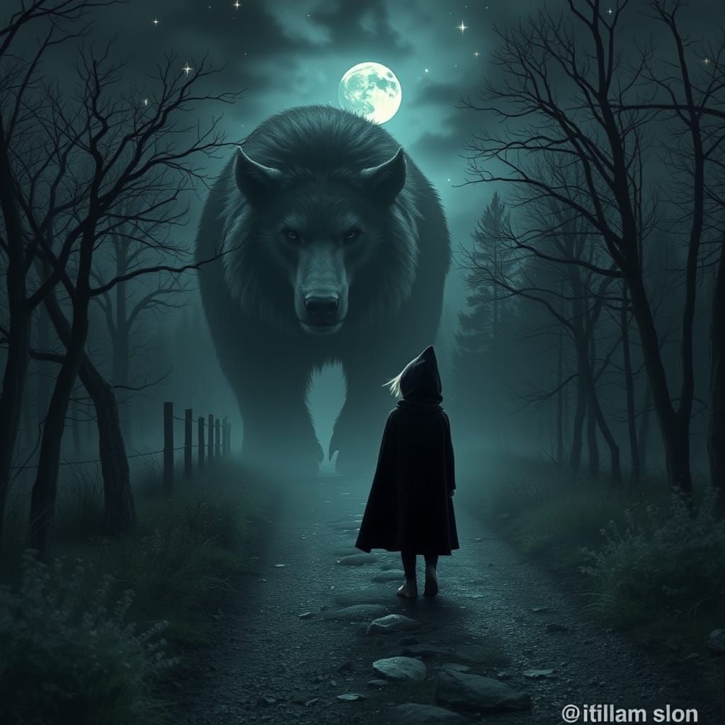Girl in Dark Forest Meets a Tamed Wolf