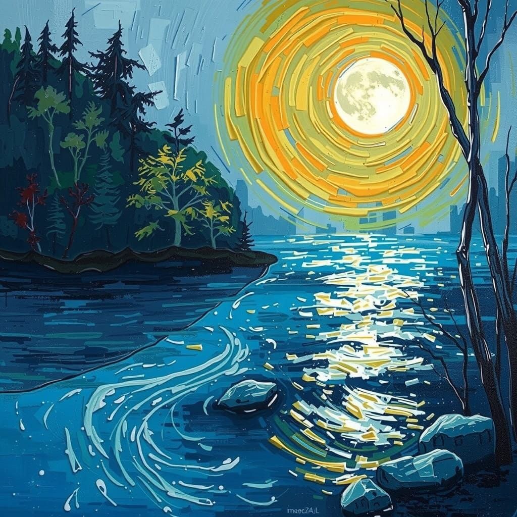 River's Silent Sigh: A Neo-Expressionist Moonlit Scene