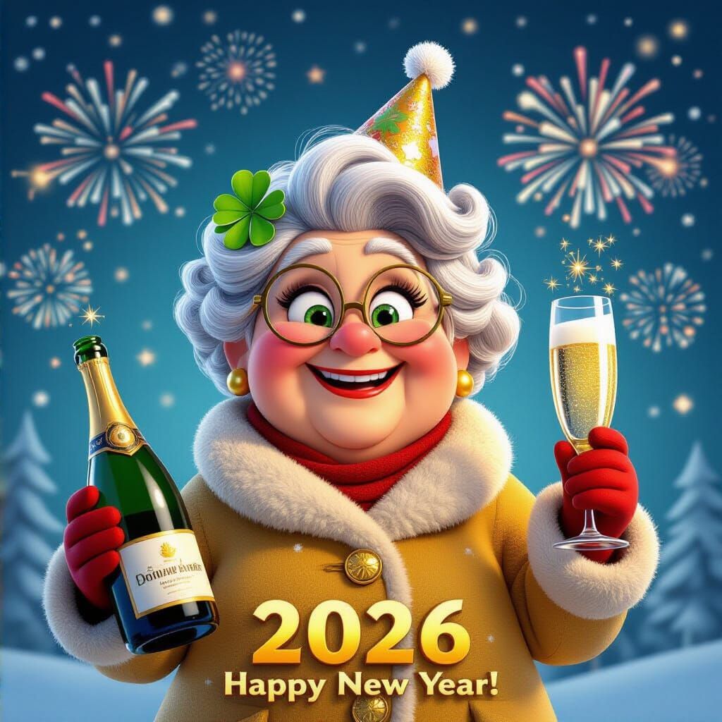 Happy New Year 2026: Festive Grandma with Fireworks