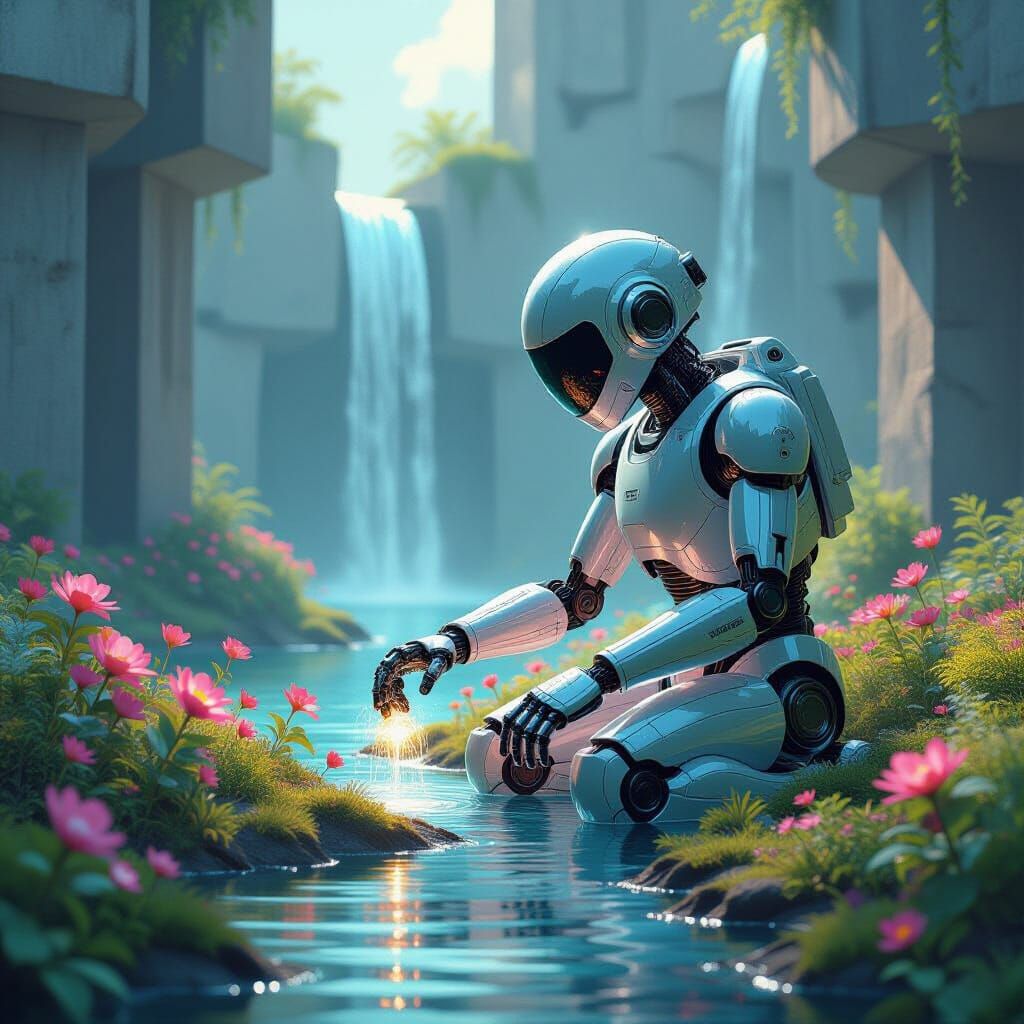 Retro Robot Tends Magical Garden Amidst Brutalist Architectu...