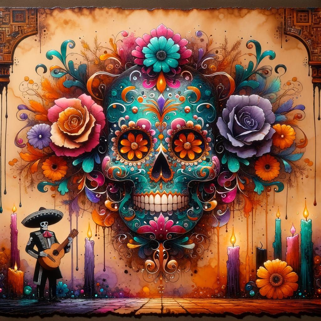 Ancient Mexican Village Wall Painting in Vibrant Alcohol Ink