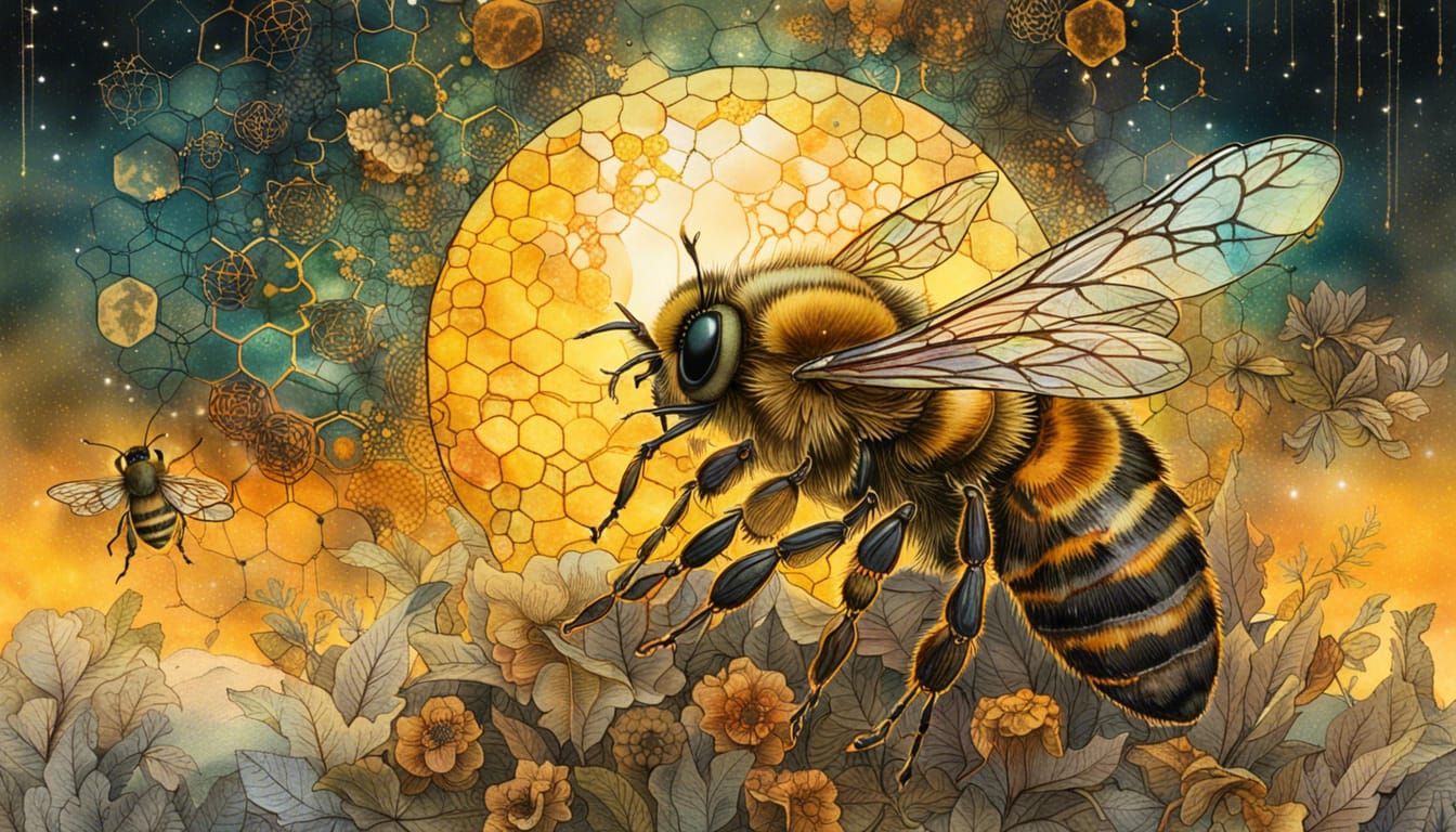 Queen Bee Sacred Geometry in Bioluminescent Landscape