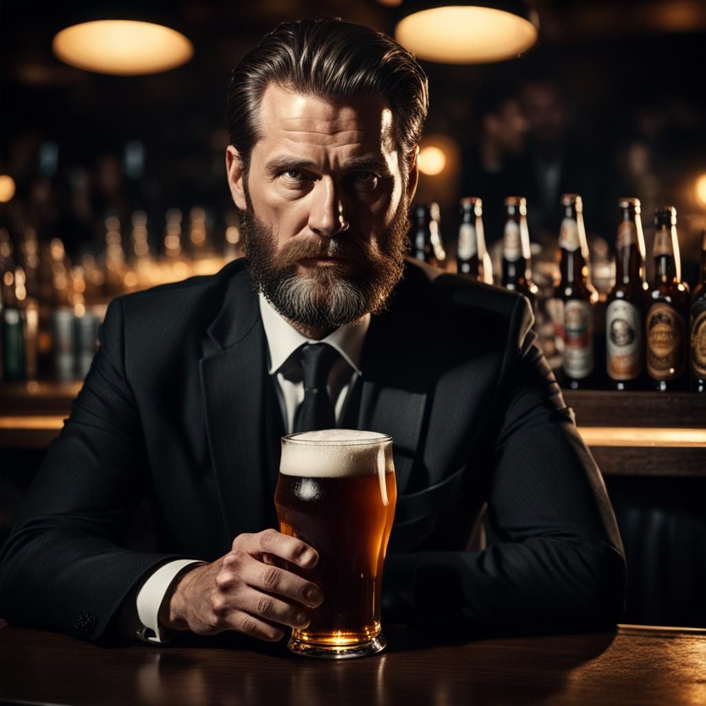 Bearded Man in Suit with Beer, Dramatic Lighting