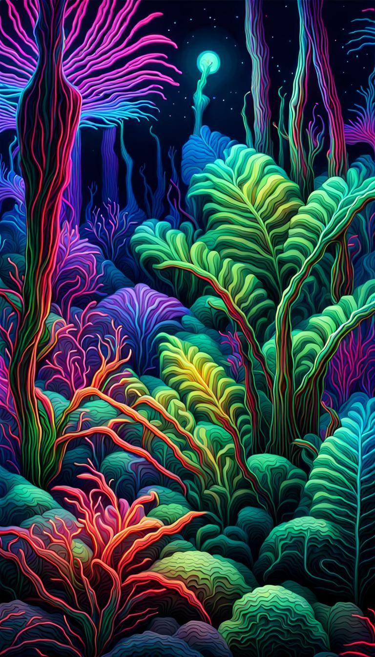 Hyperrealistic Neon Jungle of Alien Plants in Acrylic Style