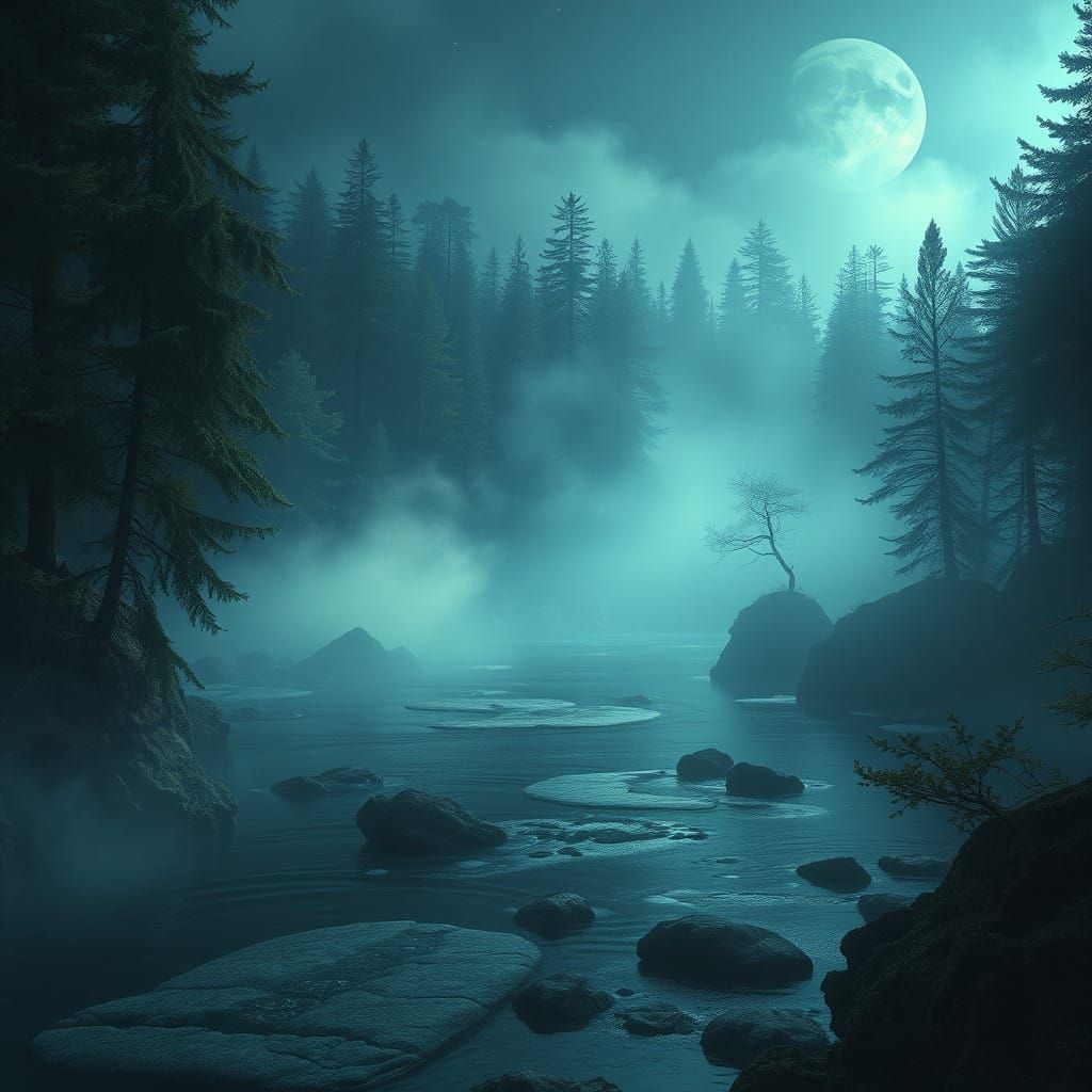 Ephemeral Whispers of the Forest River in Midnight Harmony