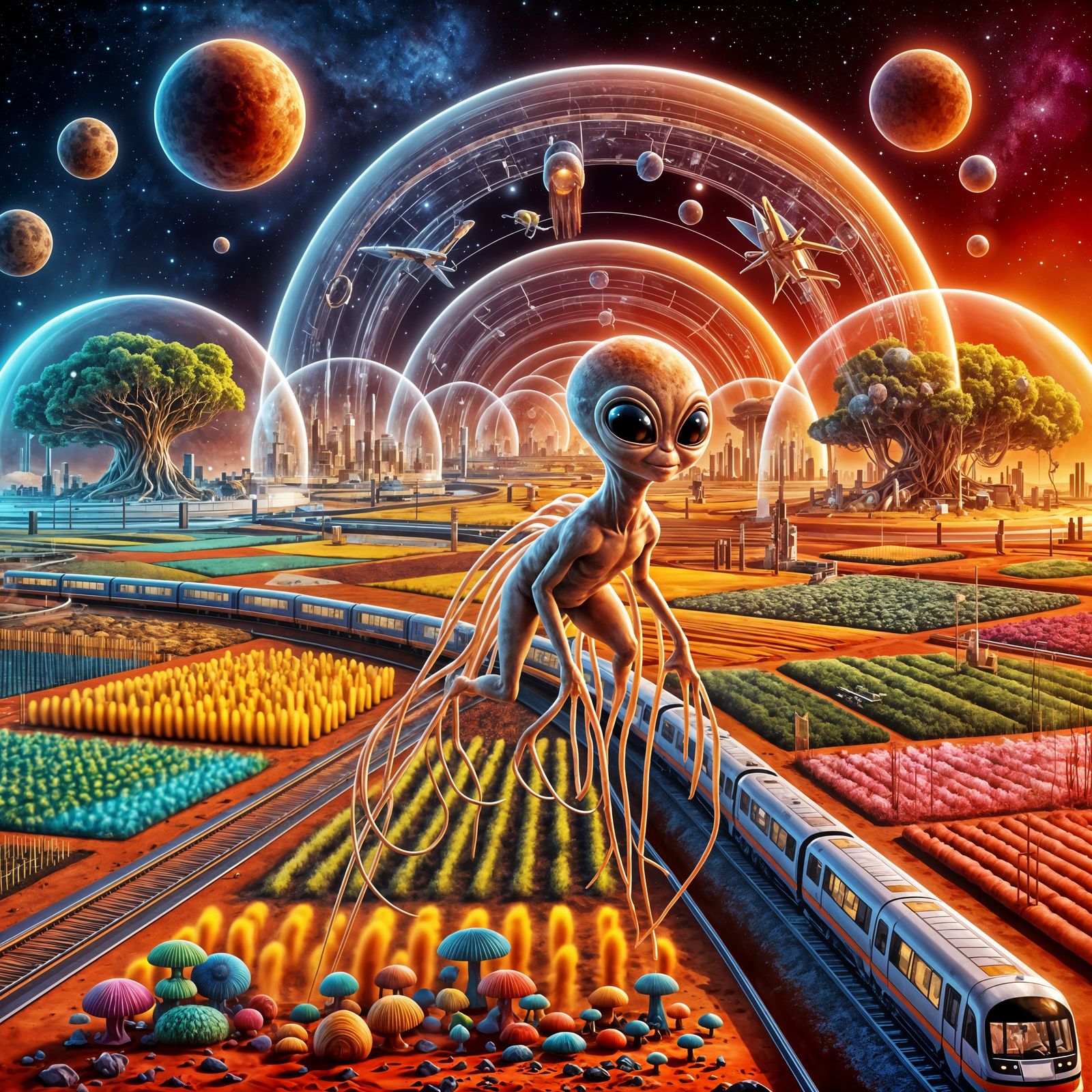 Vibrant Martian Landscape with Alien Life and Futuristic Cit...