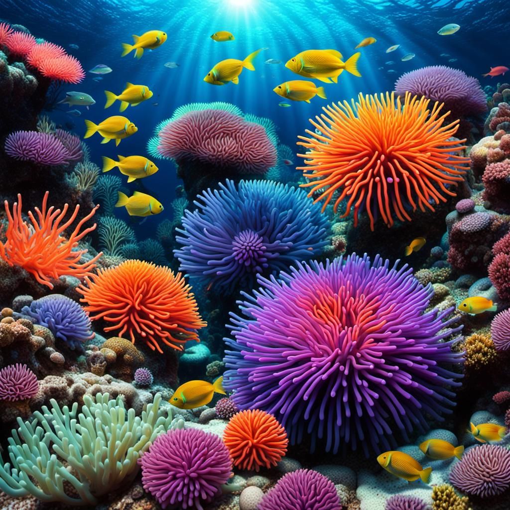 Vibrant Coral Reef Scene with Neon Sea Life