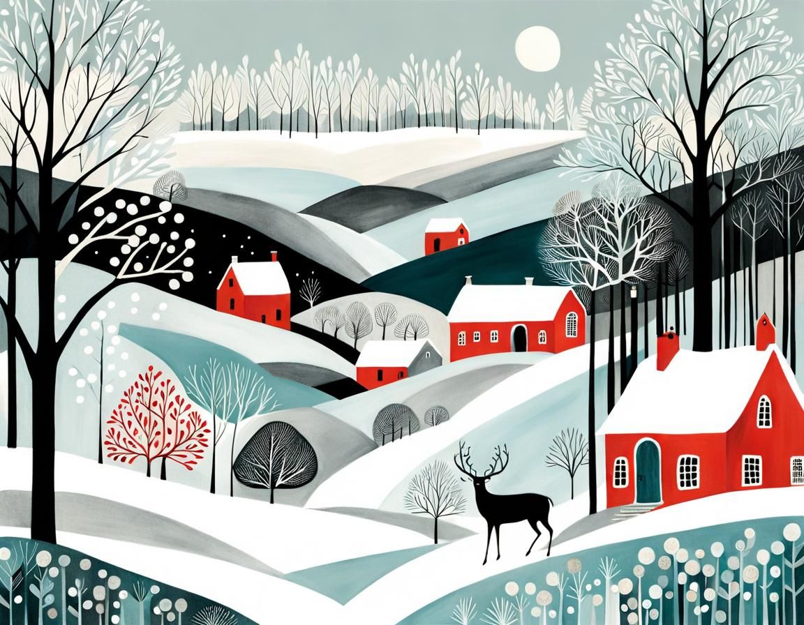 Cozy Scandinavian Winter Landscape Painting