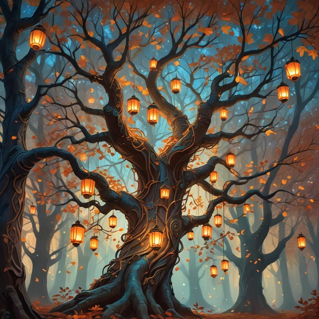 Mystical Autumn Tree in Fantasy Forest