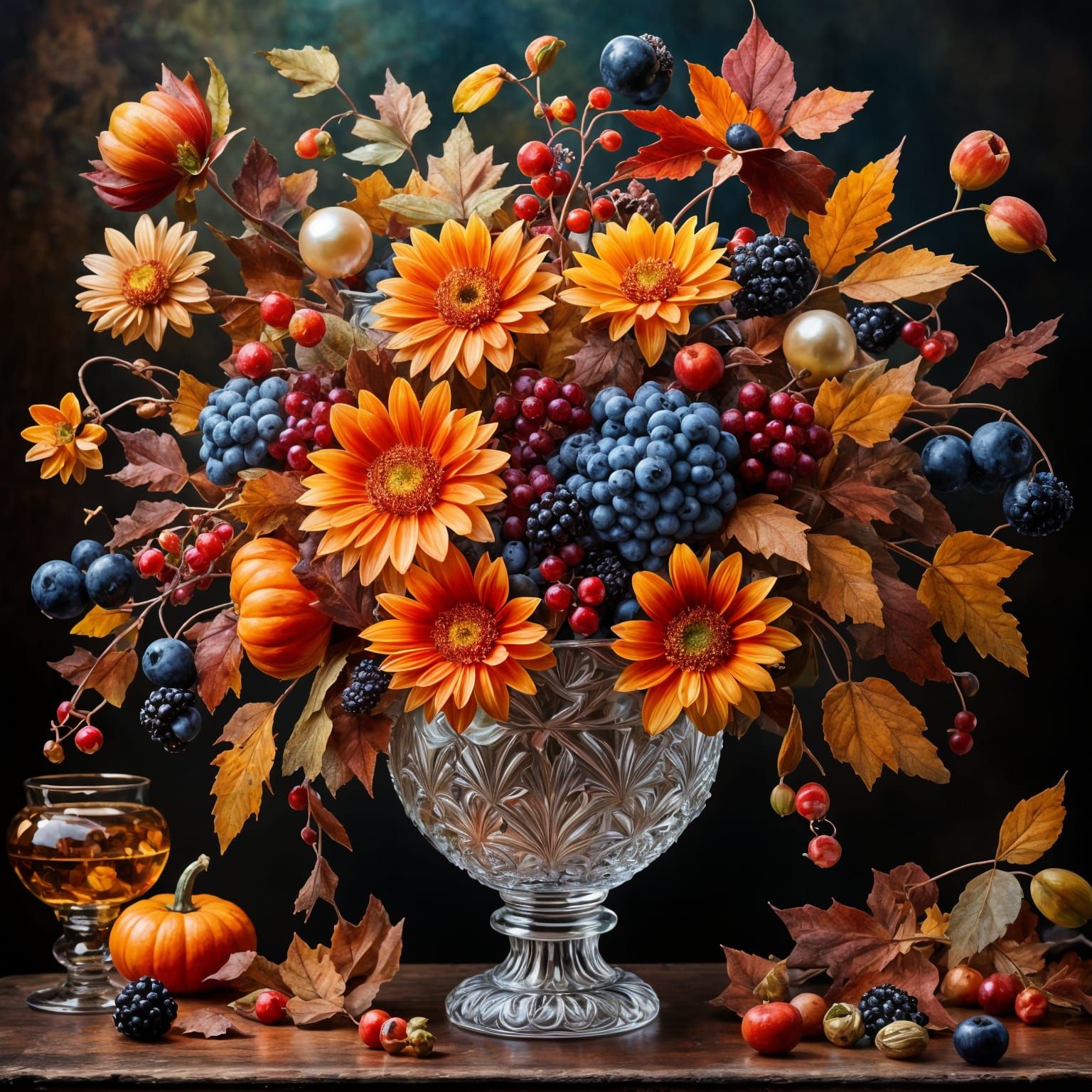 Vibrant Autumn Floral Masterpiece in Ornate Glass