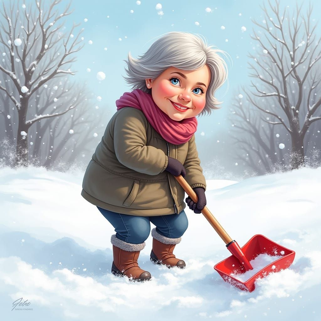 Whimsical Winter Scene with Smiling Lady Shoveling Snow