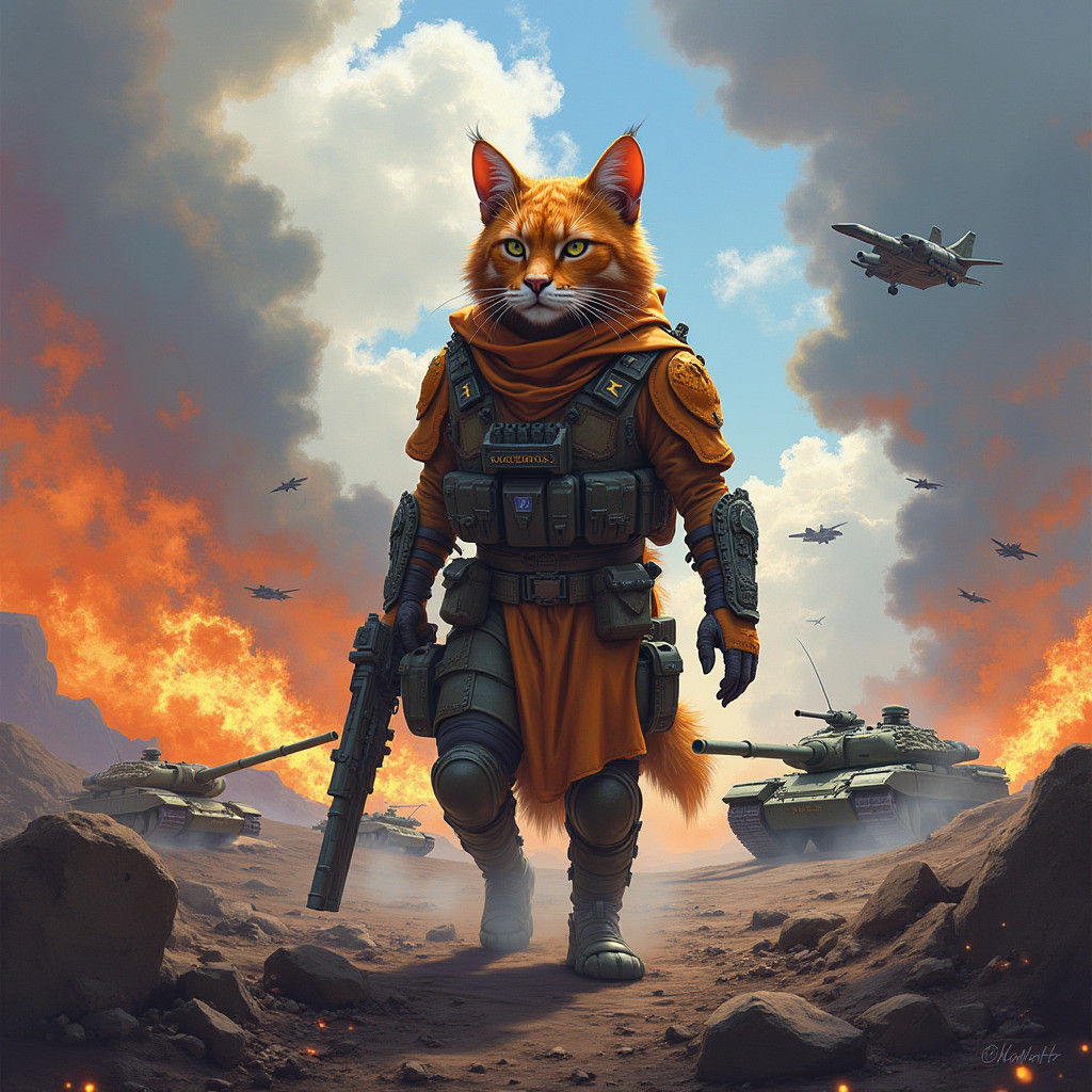 Chimera Cat Warrior in War-Torn Battlefield