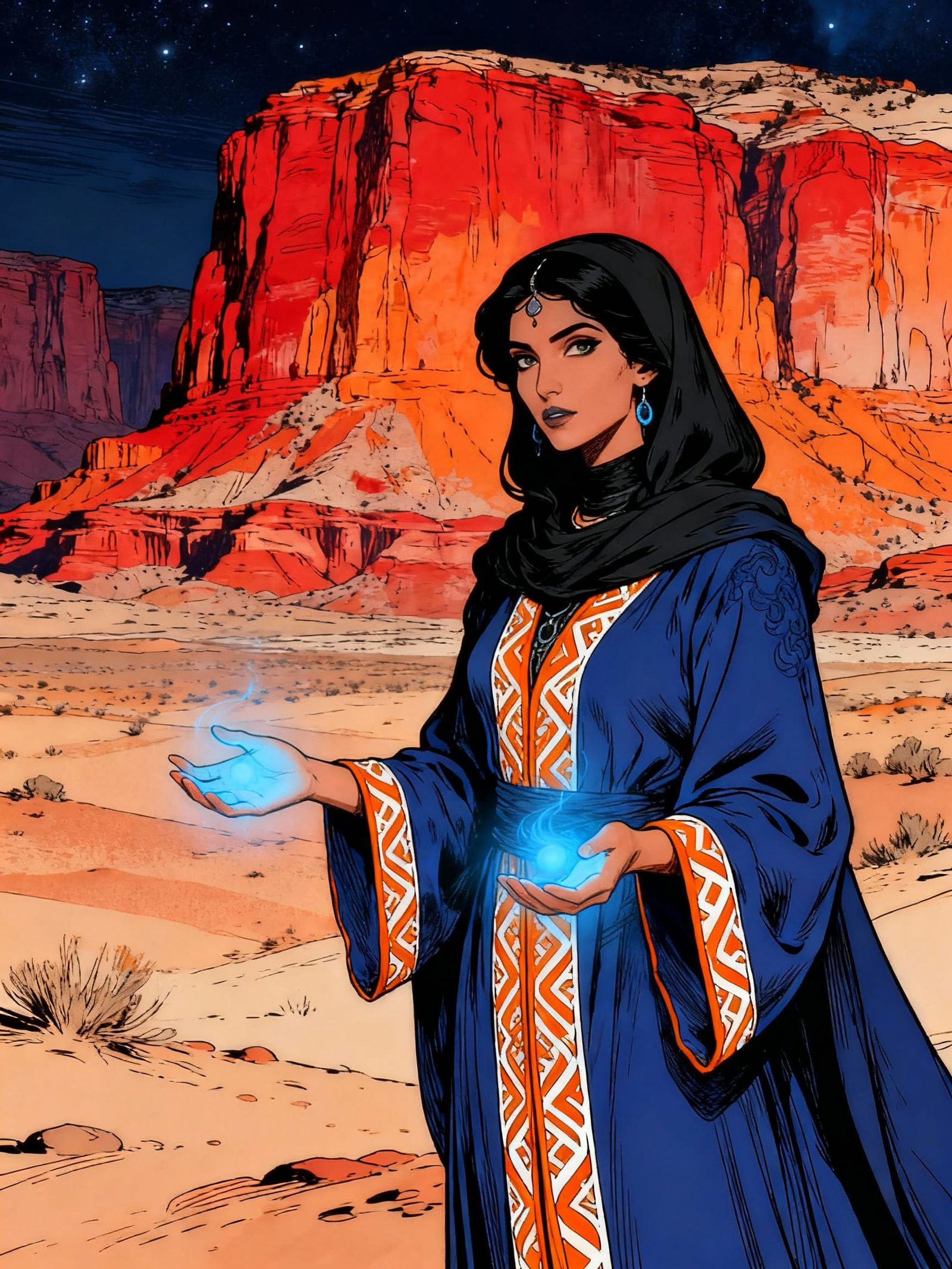 Desert Sorceress Casting Magic in a Mesa Night
