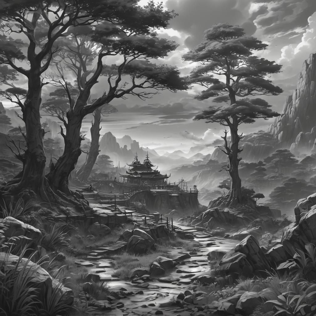Grayscale Fantasy Landscape in Anime Style