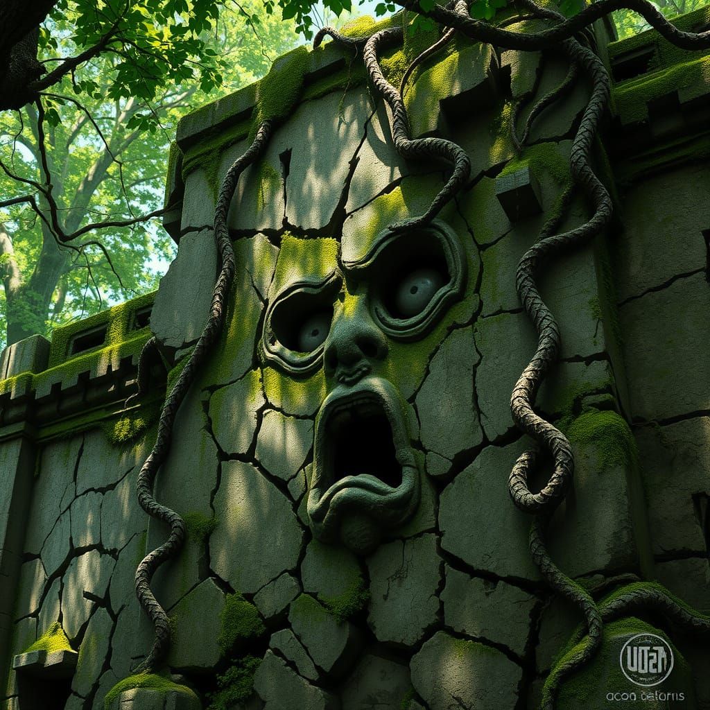 Ancient Temple Stone Face Revealed in Mossy, Emerald-Green L...