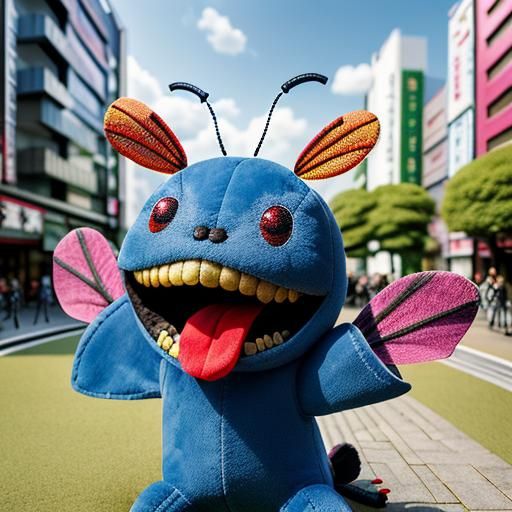 Cheerful Plush Insect in Urban Japan