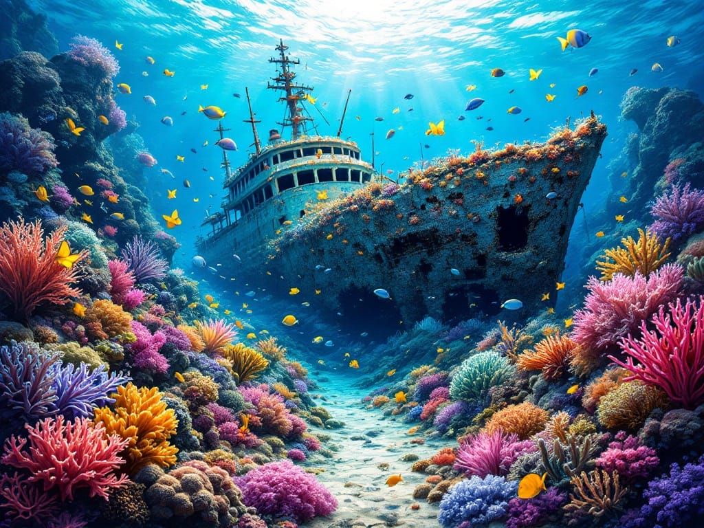Vibrant Technicolor Shipwreck Scene with Exotic Marine Life