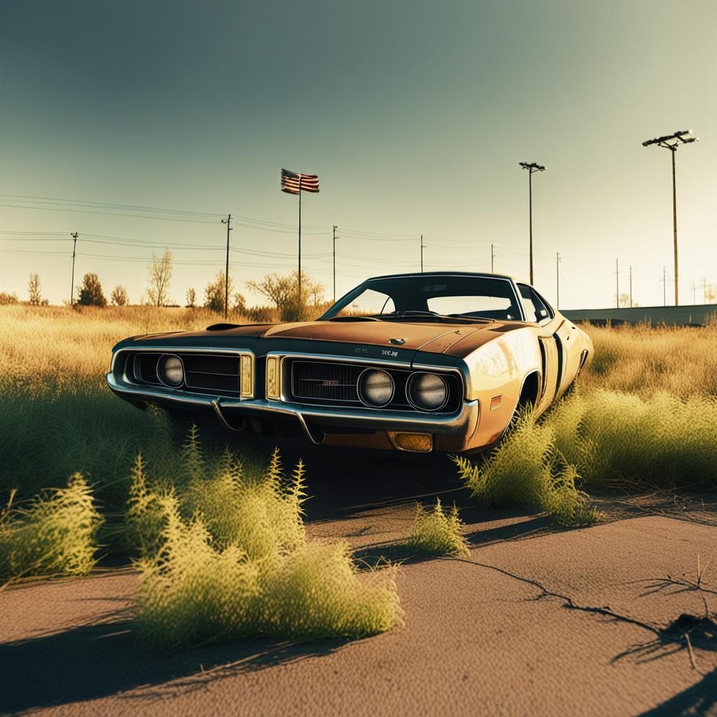 An old, faded 1973 Dodge Charger found abandoned on the tarmac of a forgotten airport, with weeds growing around its tir...