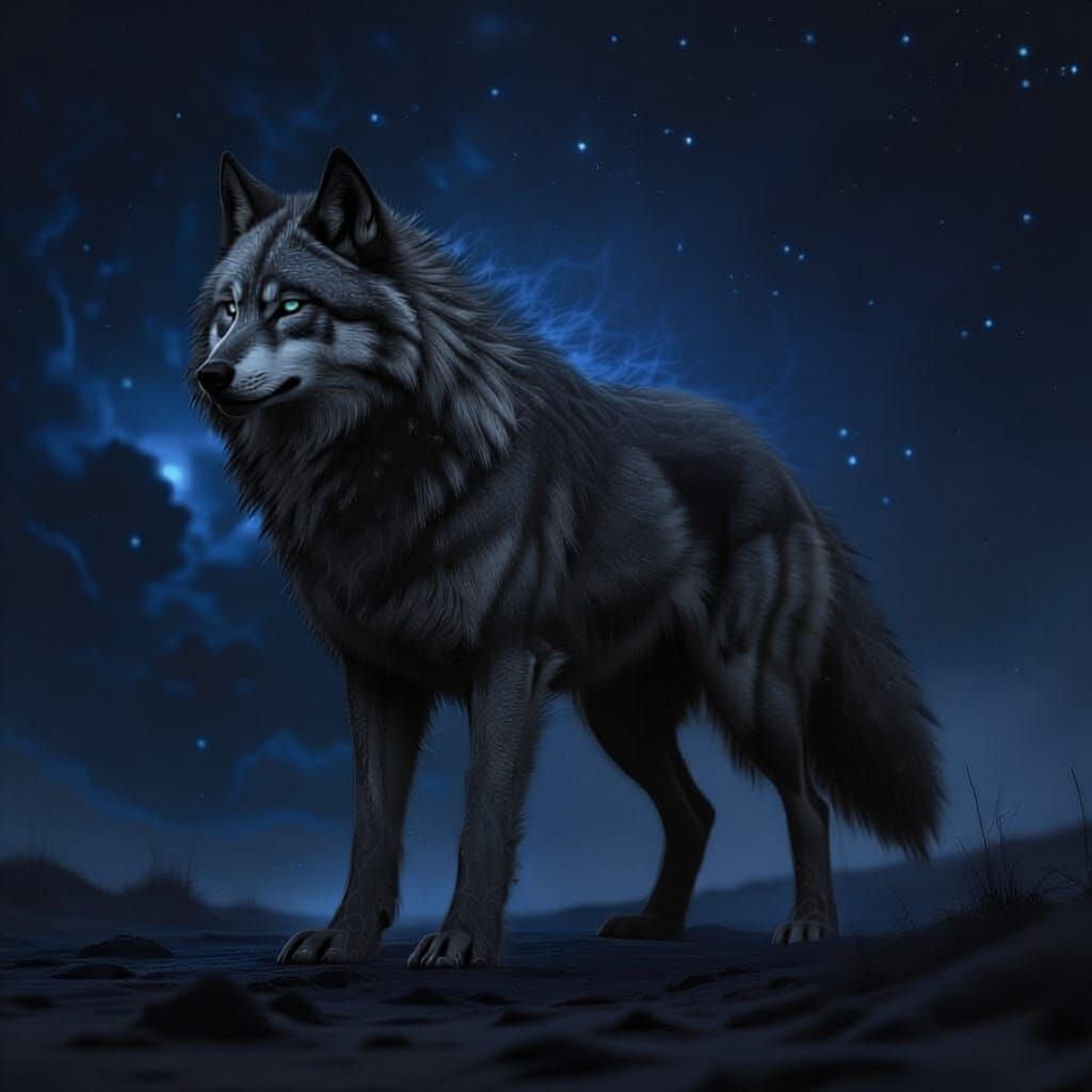 Cosmic Wolf Silhouette Against Nebula