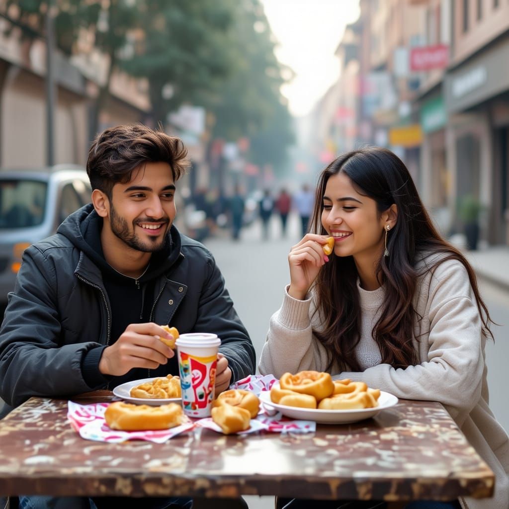 Two Girls and a Boy Enjoying Street Food