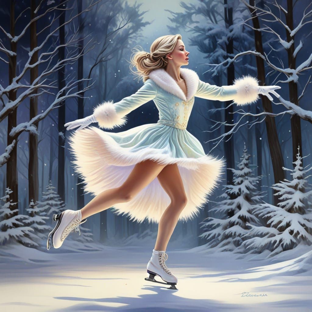 Winter Skater in Shabby Chic Digital Oil Painting