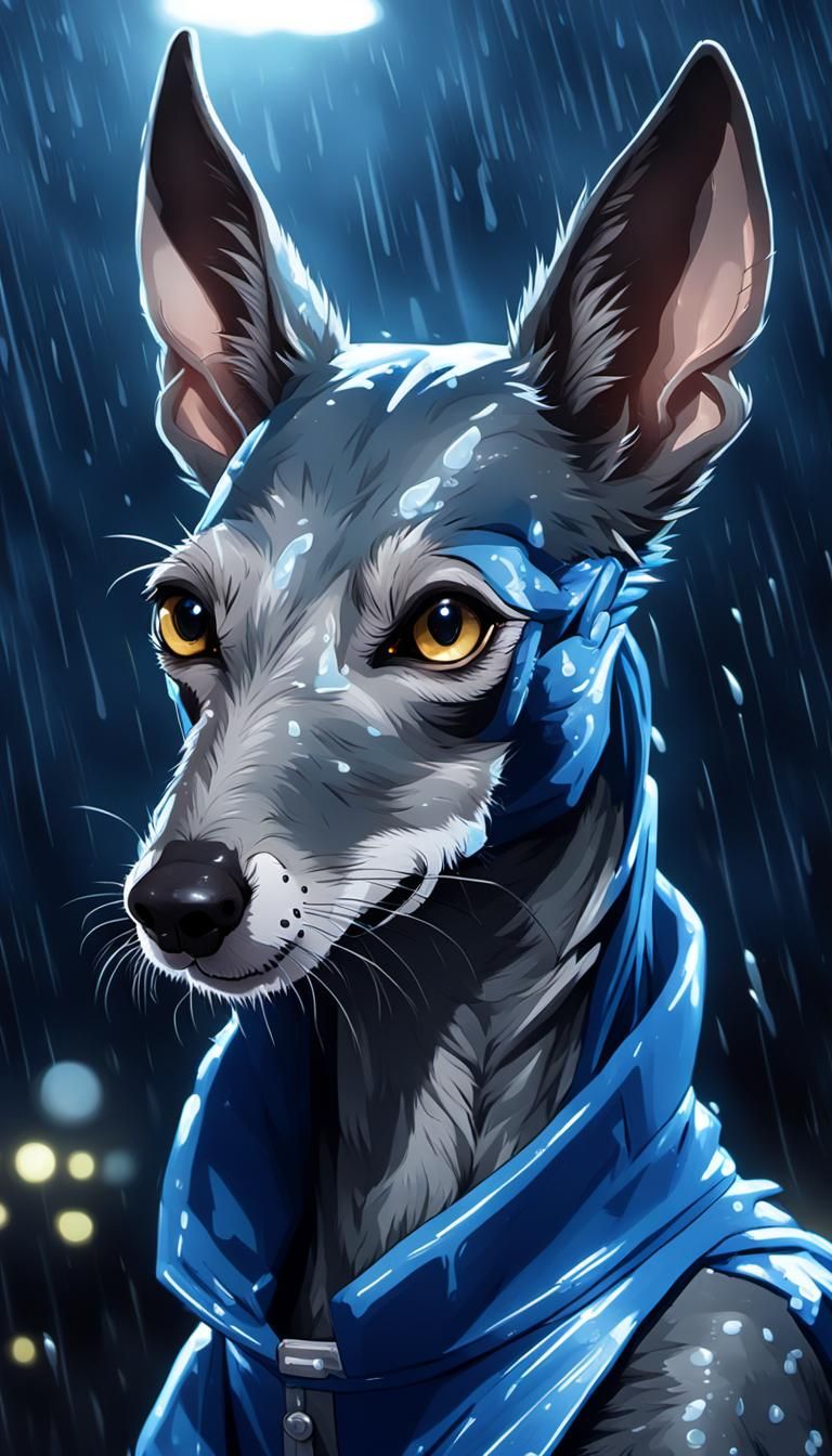 Anime Portrait of Greyhound in the Rain
