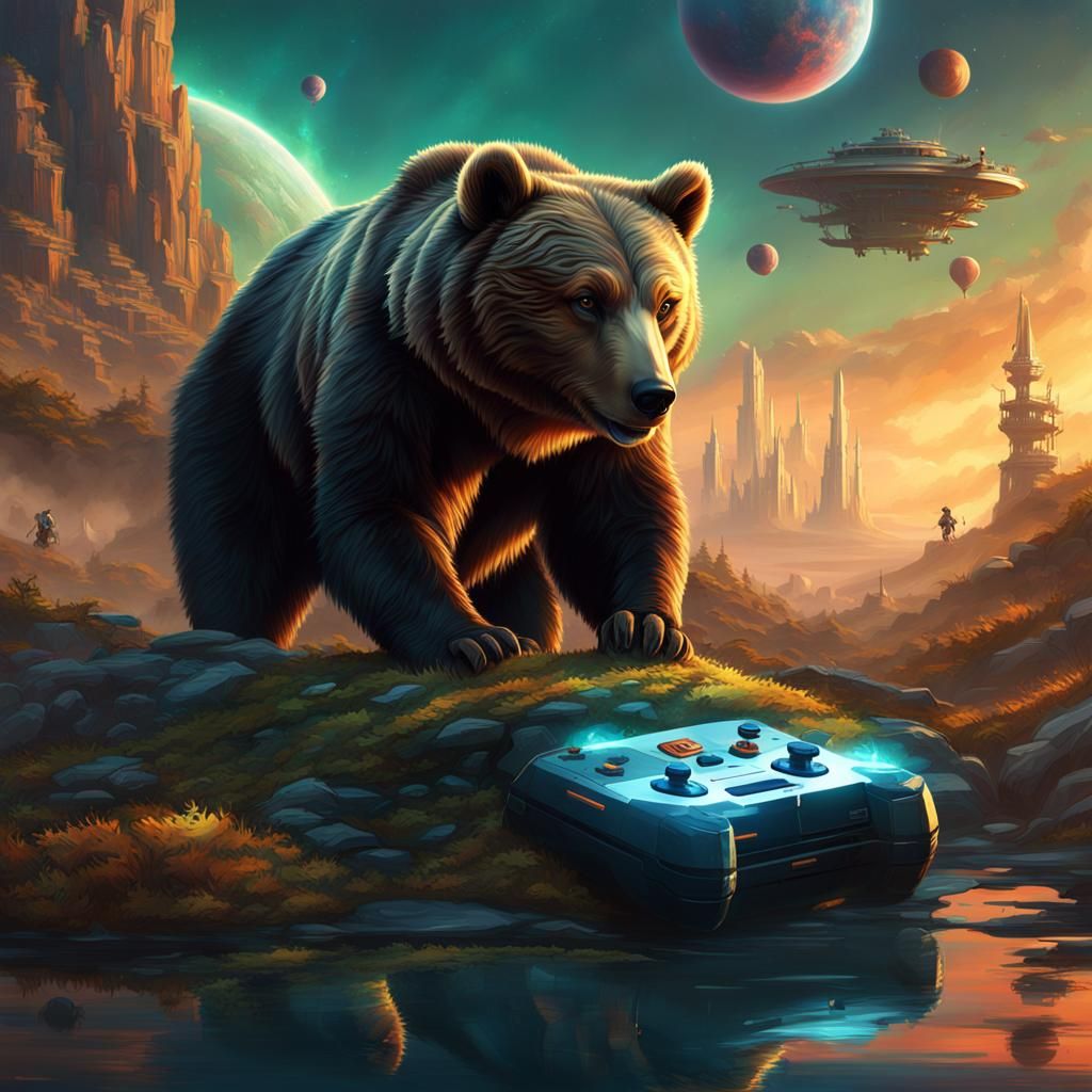 Bear in Alien World with Console, Action Painting Style