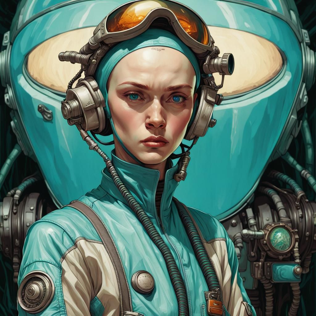 Bald Alien Mechanic Portrait in Art Nouveau Style