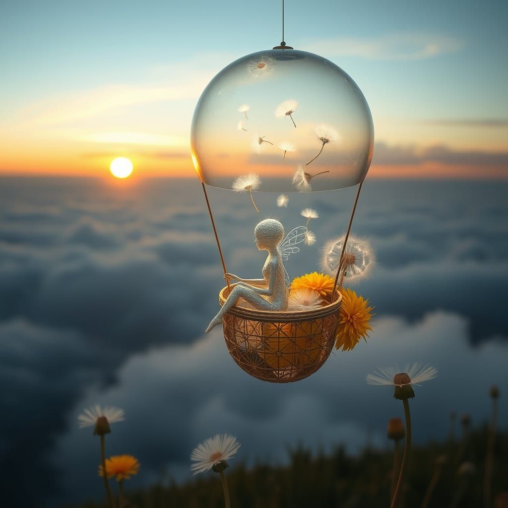 Ethereal Being in Dandelion Balloon: Bio-Art Fantasy
