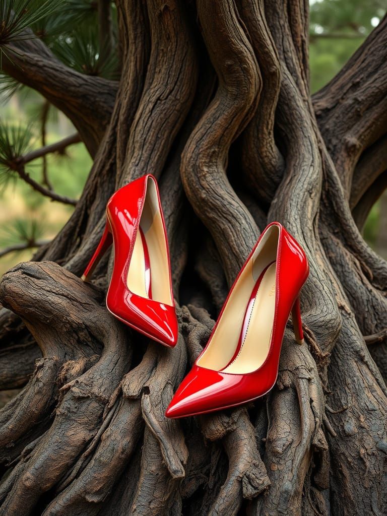 Red High Heels on Ancient Pine Tree Roots