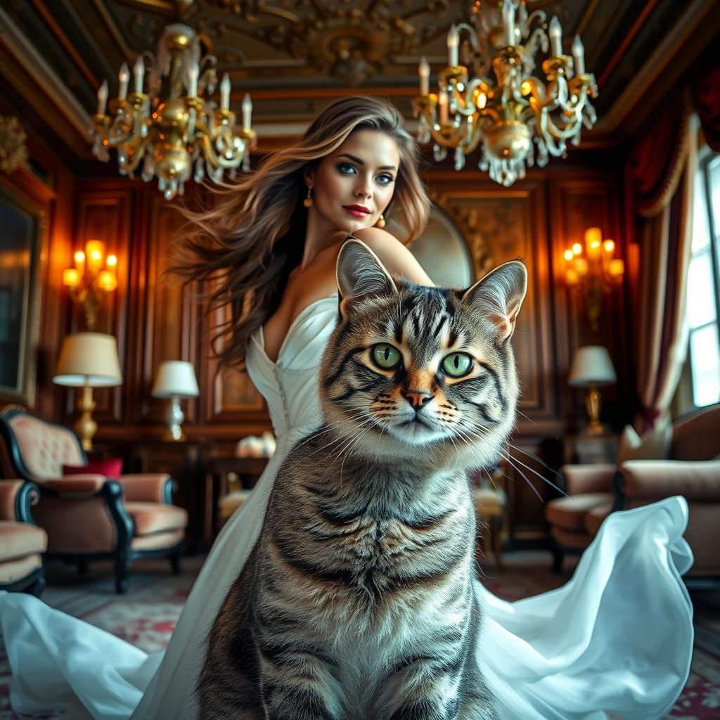 Elegant Woman Dances with Regal Cat in Lavish Living Room