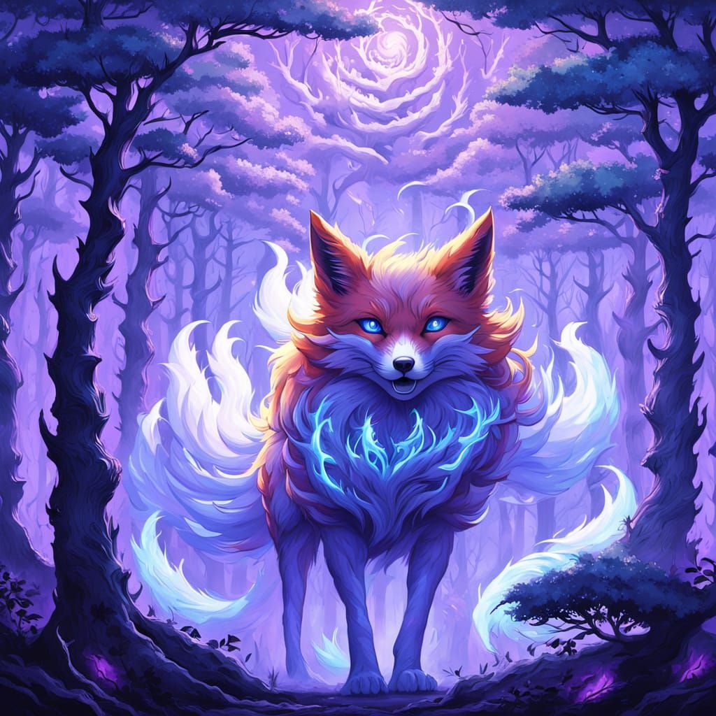 Nine-Tailed Kitsune Spirit in Twilight Forest