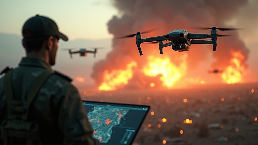 General Reviews Holographic Maps Amidst Drone Battlefield Ch...